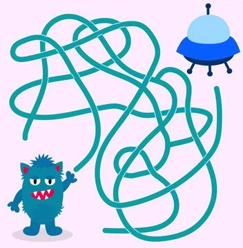 Help cute alien monster find path to UFO spaceship. Labyrinth. Maze game Stock Illustration