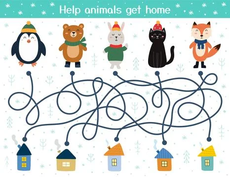 Help the cute animals find their homes. Winter maze game for kids. Preschool Stock Illustration