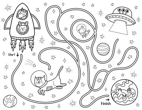 Help cute animals in a rocket find a way to the planet Mercury. Black and white Stock Illustration
