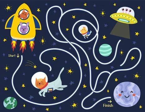 Help cute animals in a rocket find a way to the planet Mercury. Space maze Stock Illustration