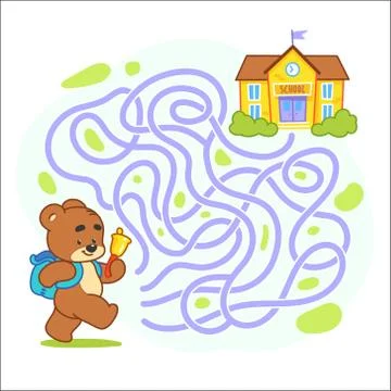 Help cute bear find the right path to school. Schoolboy with backpack walkin Stock Illustration