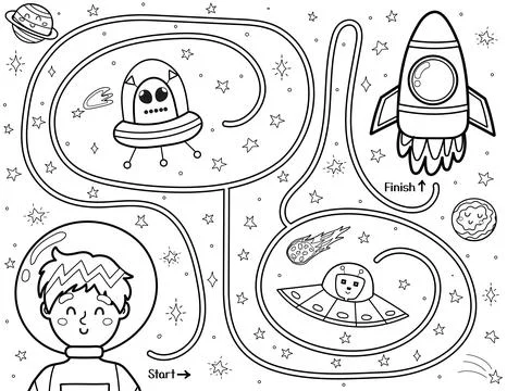 Help cute boy astronaut find a way to the rocket. Black and white space maze for Stock Illustration