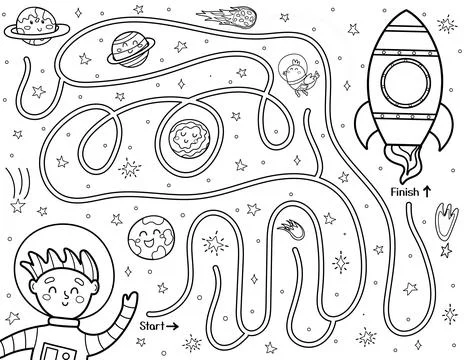 Help cute boy astronaut find a way to the rocket. Black and white space maze for Stock Illustration