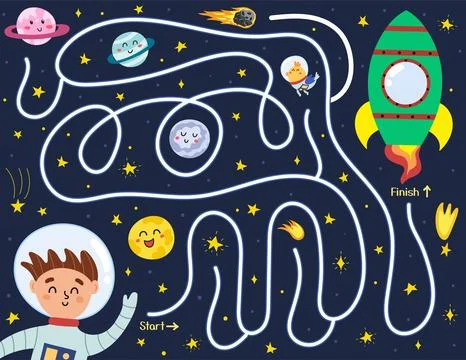 Help cute boy astronaut find a way to the rocket. Space maze puzzle for kids Stock Illustration