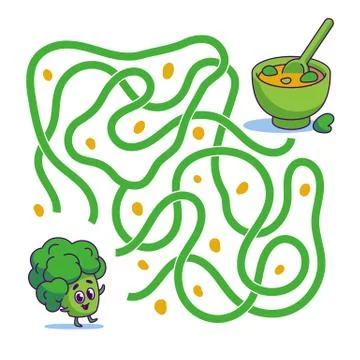 Help cute broccoli find path to soup. Labyrinth. Vegan maze game for kids. Stock Illustration