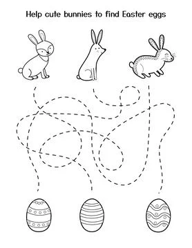 Help cute bunnies to get eggs. Easter maze game for kids. Black and white spring Stock Illustration