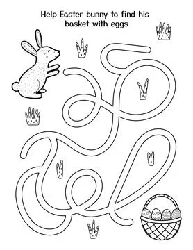 Help cute bunny to get his basket with eggs. Easter maze game for kids Stock Illustration