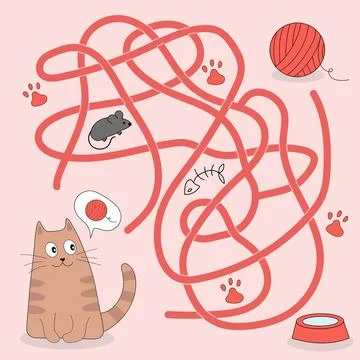 Help cute cat find path to ball of thread. Labyrinth. Maze game for kids. Stock Illustration
