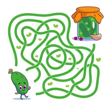 Help cute cucumber find path to pickles. Labyrinth. Vegan maze game for kids Stock Illustration