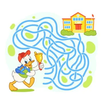 Help cute duck find the right path to school. Schoolboy with backpack go to Stock Illustration