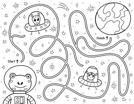 Help cute frog find a way to the planet Earth. Black and white space maze for Stock Illustration