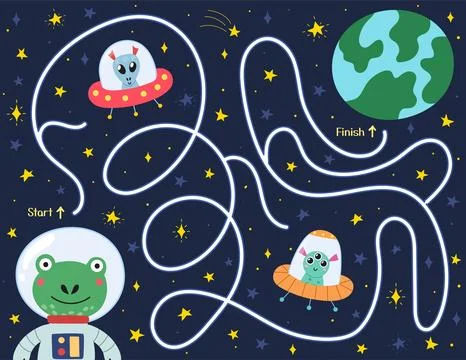 Help cute frog find a way to the planet Earth. Space maze puzzle for kids Stock Illustration