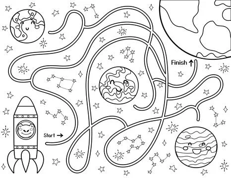 Help cute frog in a rocket find a way to the planet Earth. Black and white space Stock Illustration