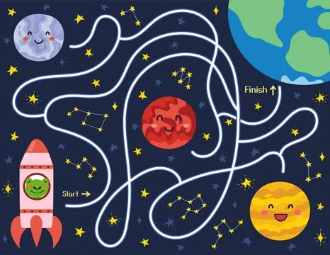 Help cute frog in a rocket find a way to the planet Earth. Space maze puzzle for Stock Illustration