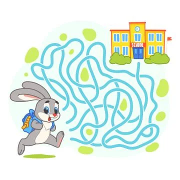 Help cute hare find the right path to school. Schoolboy with backpack run to Stock Illustration
