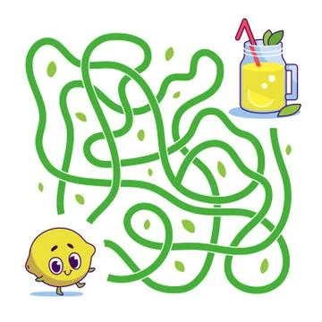 Help cute lemon find path to lemonade. Labyrinth. Vegan maze game for kids. Stock Illustration