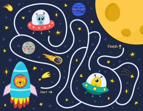 Help a cute lion in a rocket find a way to the Moon. Space maze puzzle for kids Stock Illustration