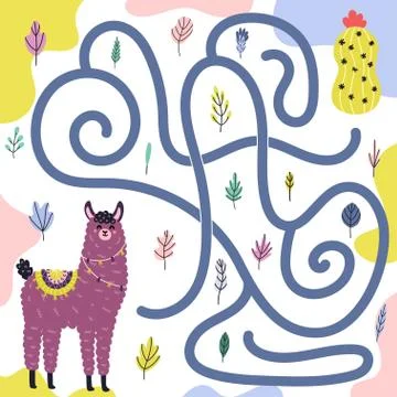 Help the cute llama get to the cactus Stock Illustration