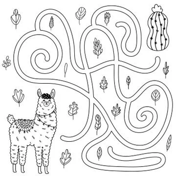 Help the cute llama to get to the cactus. Black and white maze game for kids Stock Illustration