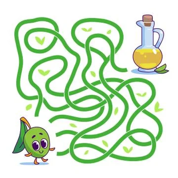 Help cute olive find path to olive oil. Labyrinth. Vegan maze game for kids. Stock Illustration