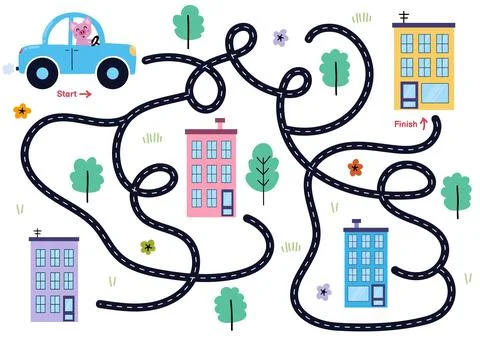 Help cute pig find path to home. Drive the car maze puzzle for kids Stock Illustration