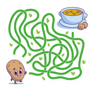 Help cute potato find path to soup. Labyrinth. Vegan maze game for kids. Stock Illustration