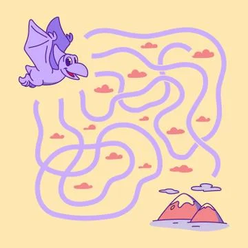 Help cute pterodactyl find the right path to mountain. Labyrinth. Funny maze Stock Illustration