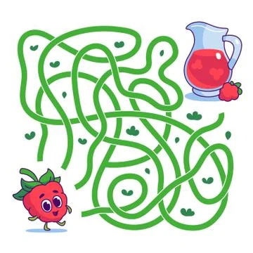 Help cute raspberry find path to juice. Labyrinth. Vegan maze game for kids. Stock Illustration