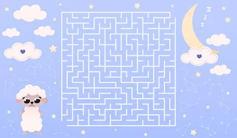 Help cute sheep find way to moon, sleeping concept for kids, sweet dreams, maze Ilustração Stock