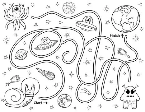 Help a cute snail astronaut find a way to the Earth. Black and white space maze Stock Illustration