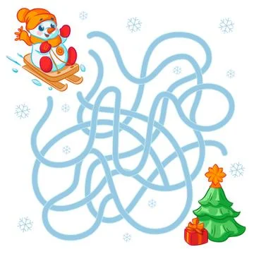 Help cute snowman find the right path to cloud. Labyrinth. Maze game for ki Stock Illustration