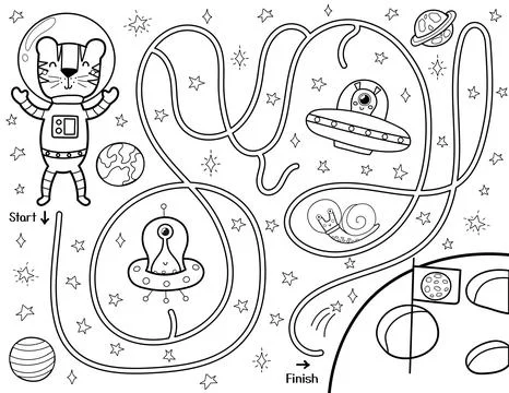 Help a cute tiger find a way to the Moon. Black and white space maze for kids Stock Illustration