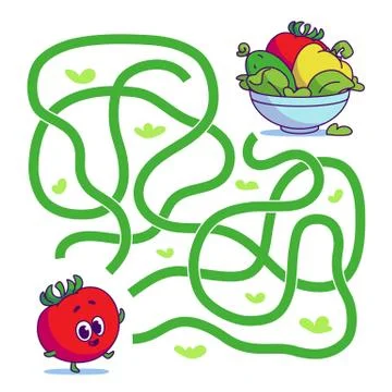 Help cute tomato find path to salad. Labyrinth. Vegan maze game for kids. Stock Illustration