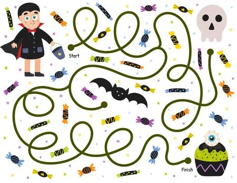 Help a cute vampire boy find path to the spooky cupcake. Halloween maze game Stock Illustration