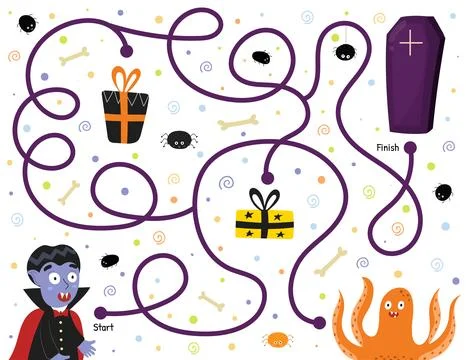 Help a cute vampire find path to the coffin. Halloween maze game for kids in Stock Illustration