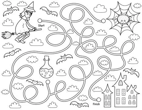 Help a cute witch find path to home. Black and white Halloween maze game Stock Illustration
