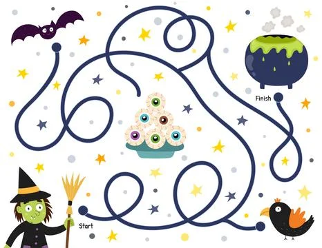 Help a cute witch find path to the cauldron. Halloween maze game for kids in Stock Illustration