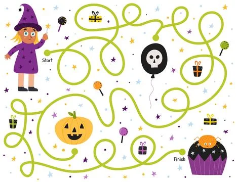 Help the cute witch find path to the cupcake. Halloween maze game for kids with Stock Illustration
