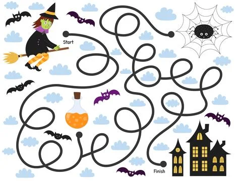 Help a cute witch find path to home. Halloween maze game for kids in cartoon Stock Illustration