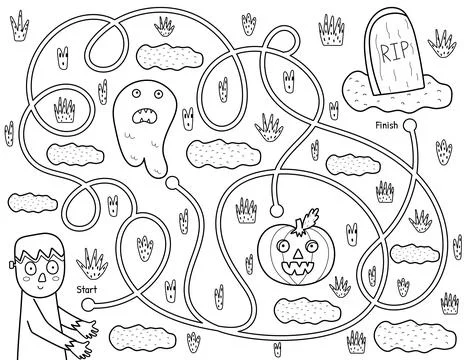Help cute zombie find path to the tomb. Black and white Halloween maze game Stock Illustration