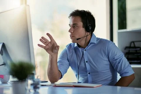 Help desk agent, office and talking, man consulting with advice, sales Stock Photos