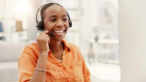 Help desk, computer and black woman in home, headset for communication and .. Stock Photos