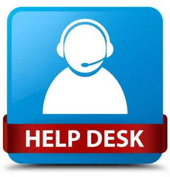 Help desk (customer care icon) cyan blue square button red ribbon in middle Stock Illustration