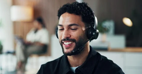 Help desk, speaking and man in call center for technical support, smile and Stock Footage 329393946
