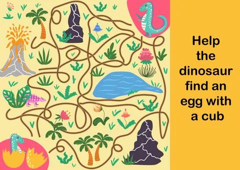 Help dino mom to find their egg - kid learning game with maze Illustrazione stock