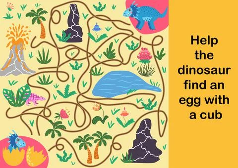 Help dino mom to find their egg - kid learning game with maze Illustrazione stock