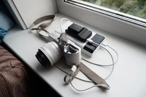 With the help of an external battery, the battery for the camera is being cha Stock Photos