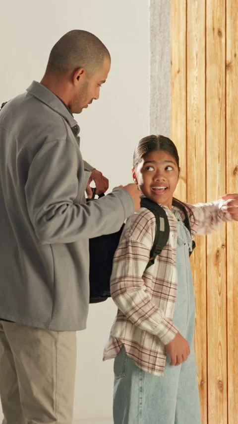 Help, father and high five child with backpack for education, support and back Stock Footage 335288453