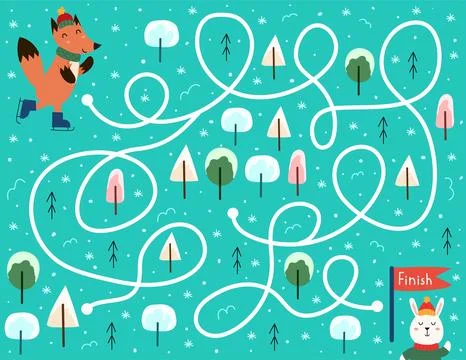 Help the fox skate to the finish line. Winter maze game for kids. Preschool Stock Illustration