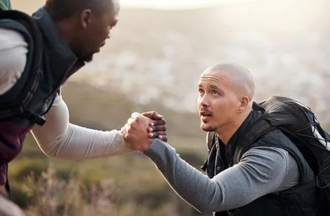 Help, holding hands and men on mountain for hiking on summer holiday, weeke.. Stock Photos